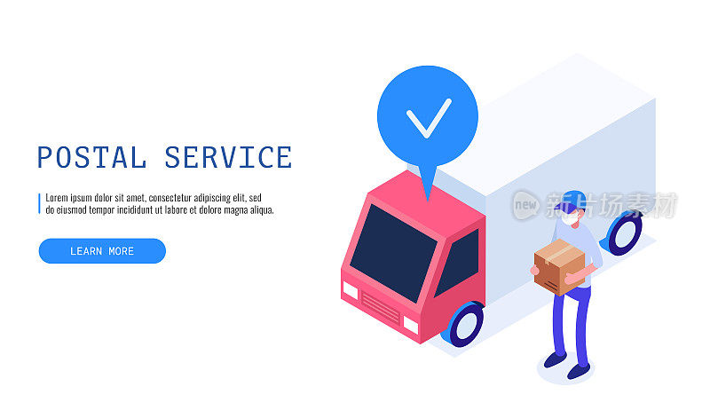 Postman stands with a box near the delivery van. Isometric vector web banner.